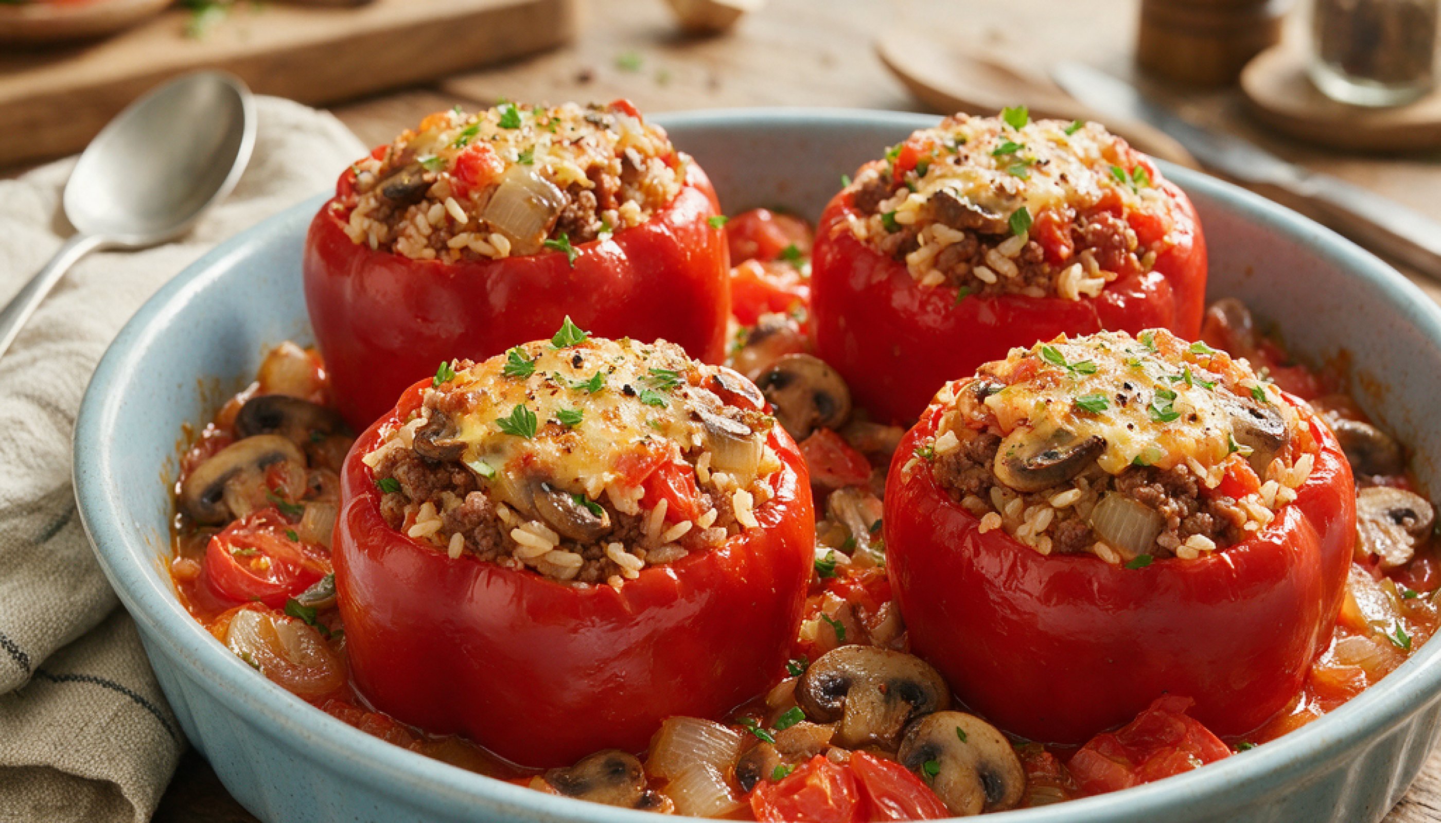 Фаршированные перцы с мясным фаршем, томатами и грибами &mdash; как сделать начинку сочной, а не рыхлой и переваренной